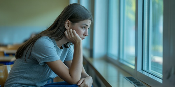 Thoughtful teenage student sitting by a school window looking contemplative