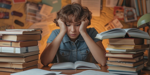 Stressed student at a desk looking overwhelmed with schoolwork